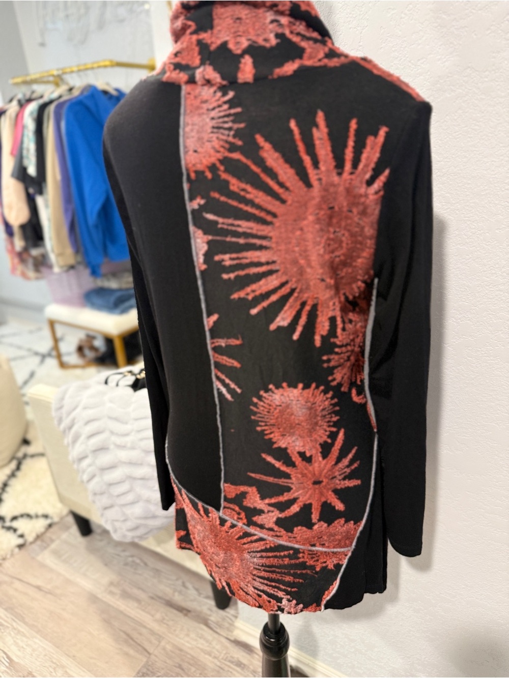 Paris Hues Asymmetrical Embroidered Floral Tunic Top Black Rust Cowl Neck M - Picture 9 of 11